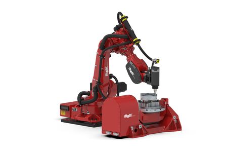 3D-Visualisierung eines roten CNC-Fräsroboters von MABI Robotics mit Knickarm, Frässpindel und Werkstück auf einem Schwenktisch.